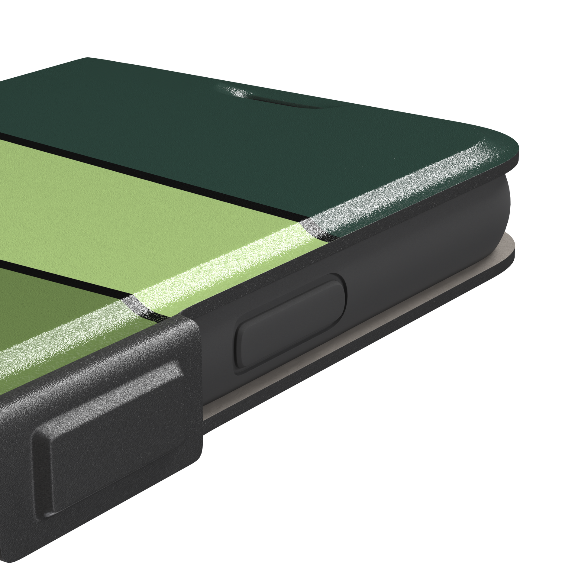 Tectonic Plates, angled dark green, sage and olive colour block stripes, wallet case, volume buttons detail, phone case by Caselier