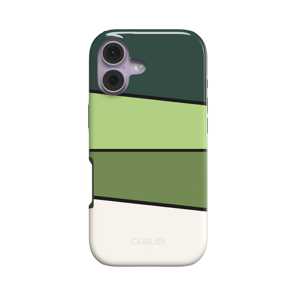Tectonic Plates Garden phone case with diagonal colour blocks in deep forest green, light sage, and olive separated by thin black lines, phone case by Caselier - tough case, front view | Caselier