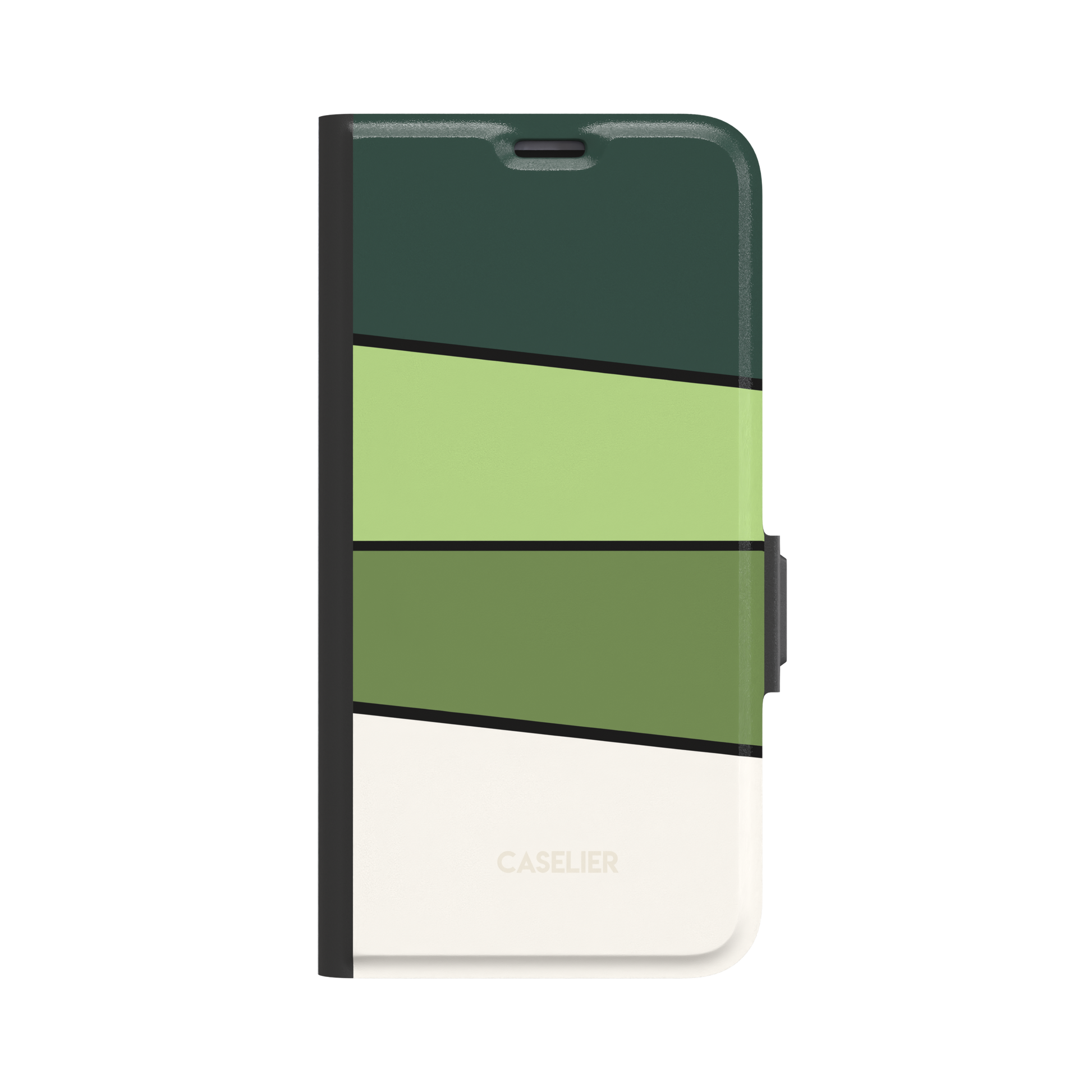 Tectonic Plates Garden phone case with diagonal colour blocks in deep forest green, light sage, and olive separated by thin black lines, phone case by Caselier - wallet case, front view | Caselier