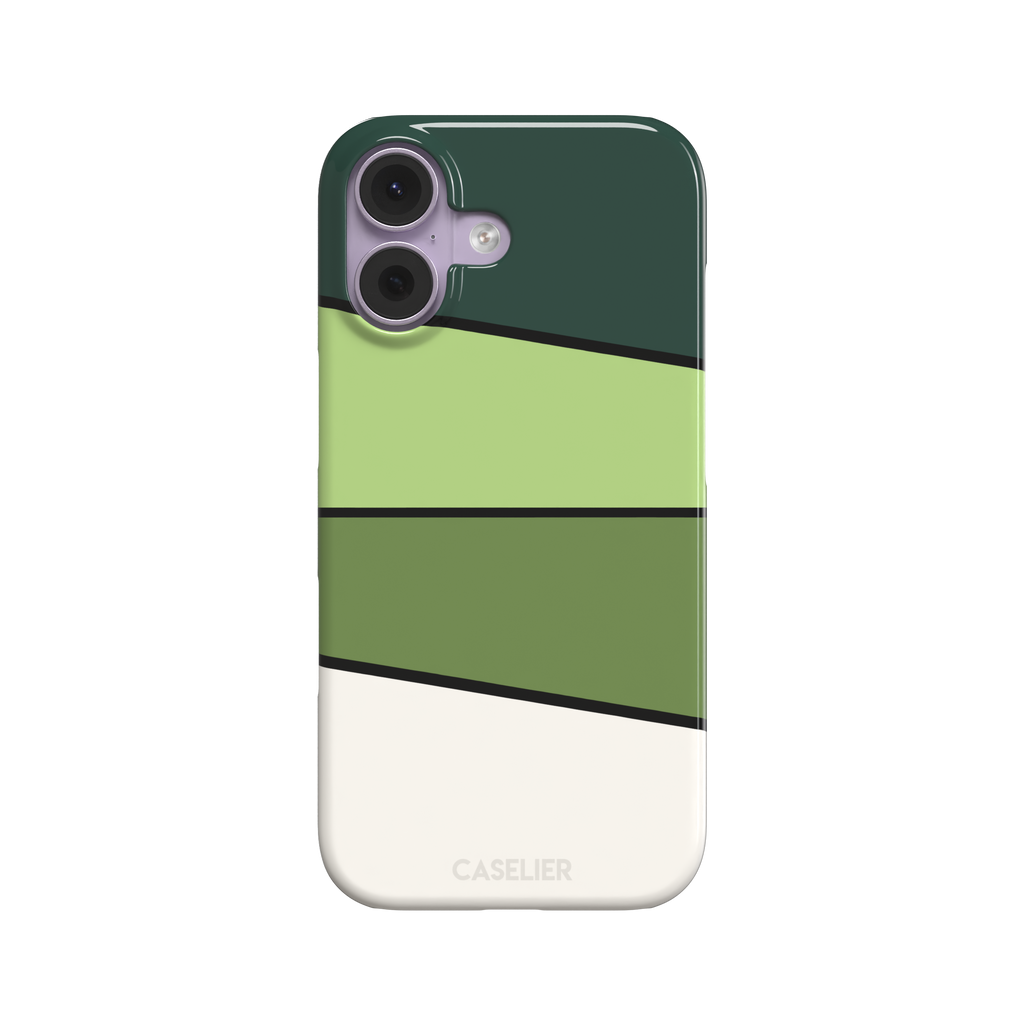Tectonic Plates phone case variant in forest green, light green, olive and off-white diagonal color blocks with black dividing lines, phone case by Caselier — snap case, front view