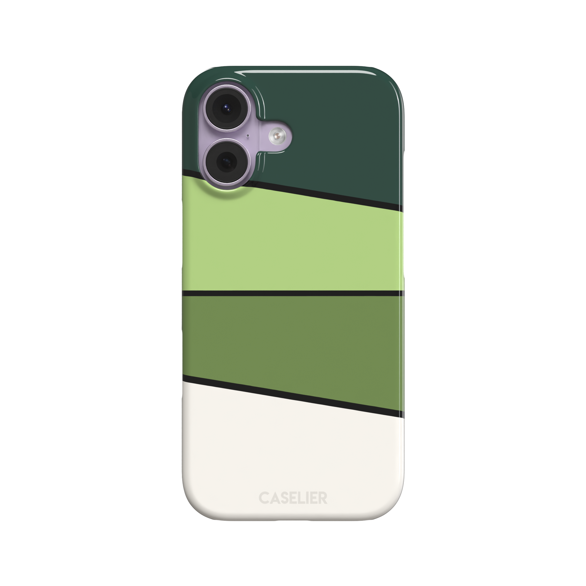 Tectonic Plates phone case variant in forest green, light green, olive and off-white diagonal color blocks with black dividing lines, phone case by Caselier — snap case, front view