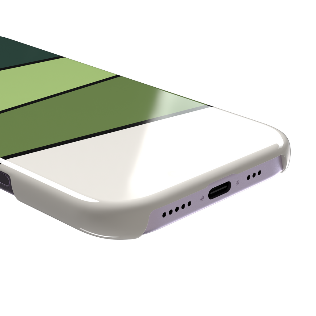 Tectonic Plates phone case variant in forest green, light green, olive and off-white diagonal color blocks with black dividing lines, phone case by Caselier — snap case, charging port detail