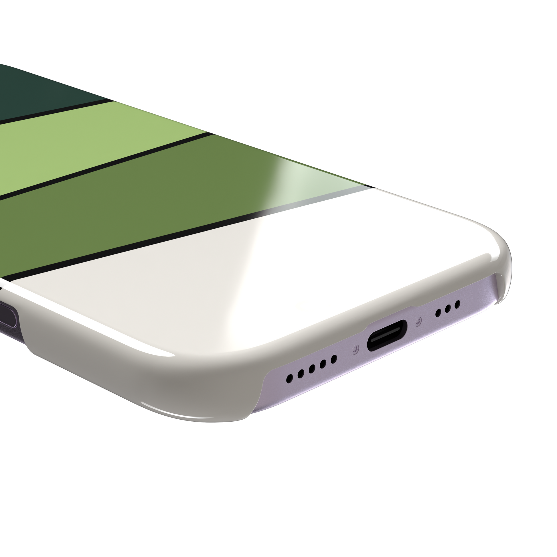 Tectonic Plates phone case variant in forest green, light green, olive and off-white diagonal color blocks with black dividing lines, phone case by Caselier — snap case, charging port detail
