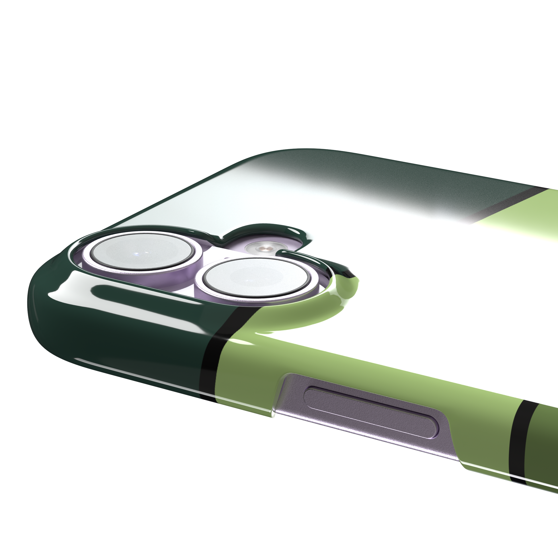 Tectonic Plates phone case variant in forest green, light green, olive and off-white diagonal color blocks with black dividing lines, phone case by Caselier — snap case, volume buttons detail