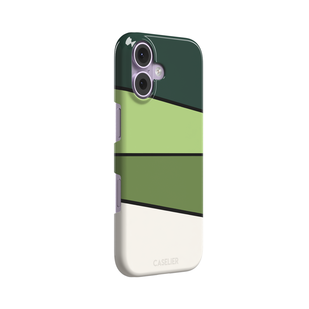 Tectonic Plates phone case variant in forest green, light green, olive and off-white diagonal color blocks with black dividing lines, phone case by Caselier — snap case, left view
