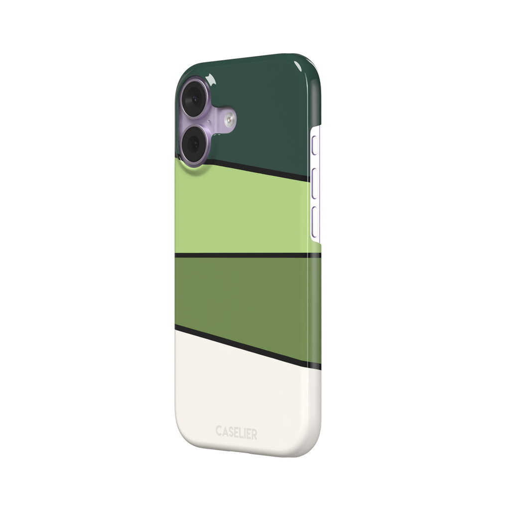 Tectonic Plates phone case variant in forest green, light green, olive and off-white diagonal color blocks with black dividing lines, phone case by Caselier — snap case, right view