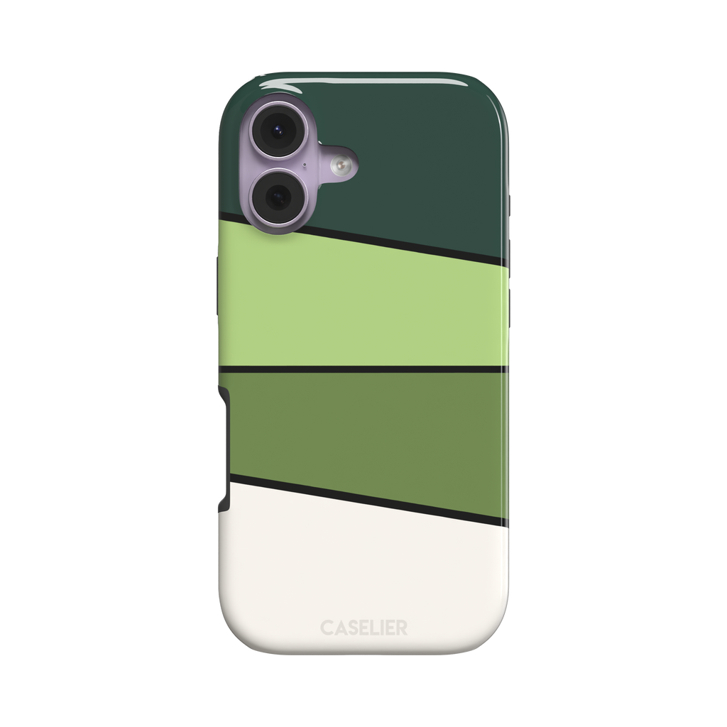 Tectonic Plates phone case variant in forest green, light green, olive and off-white diagonal color blocks with black dividing lines, phone case by Caselier — tough case, front view