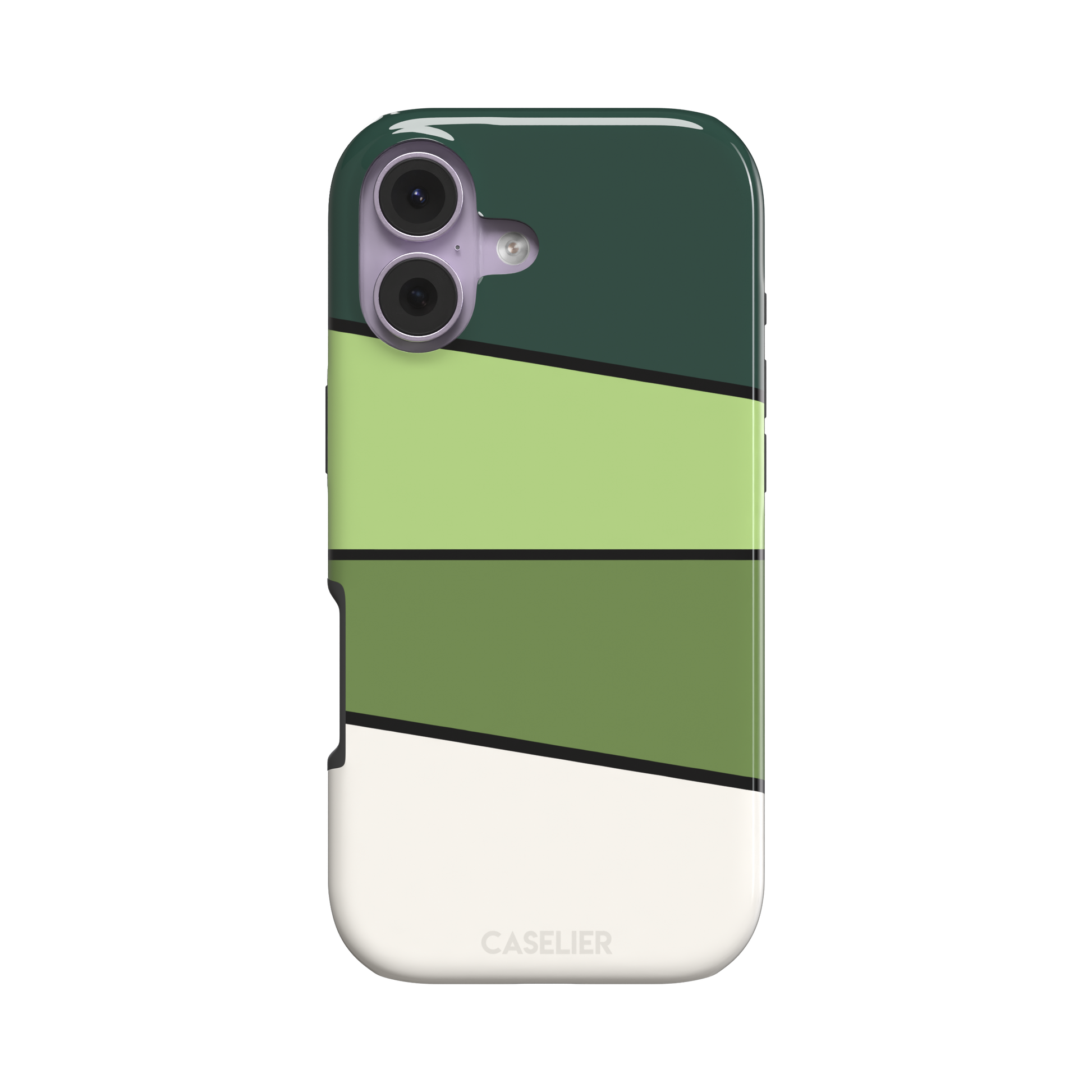 Tectonic Plates phone case variant in forest green, light green, olive and off-white diagonal color blocks with black dividing lines, phone case by Caselier — tough case, front view
