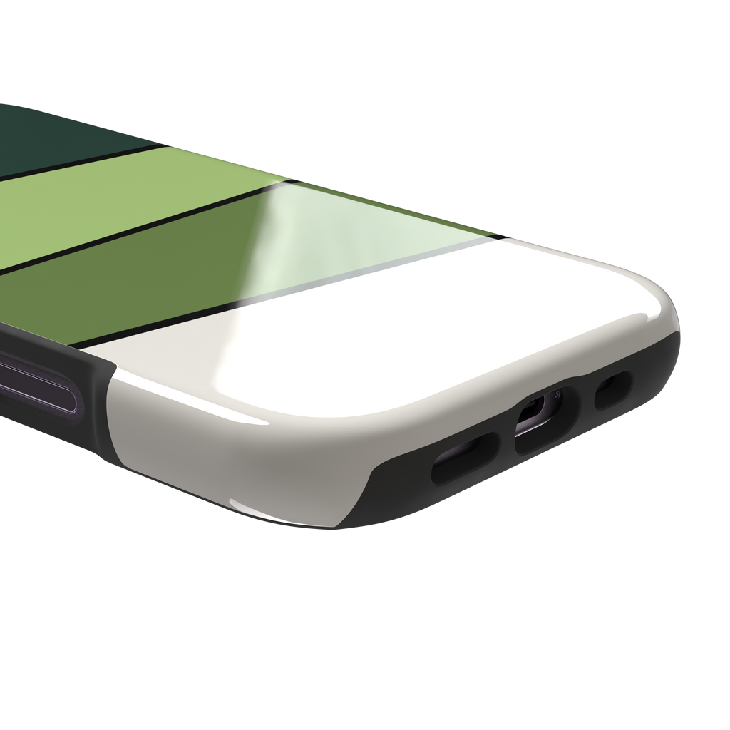 Tectonic Plates phone case variant in forest green, light green, olive and off-white diagonal color blocks with black dividing lines, phone case by Caselier — tough case, charging port detail