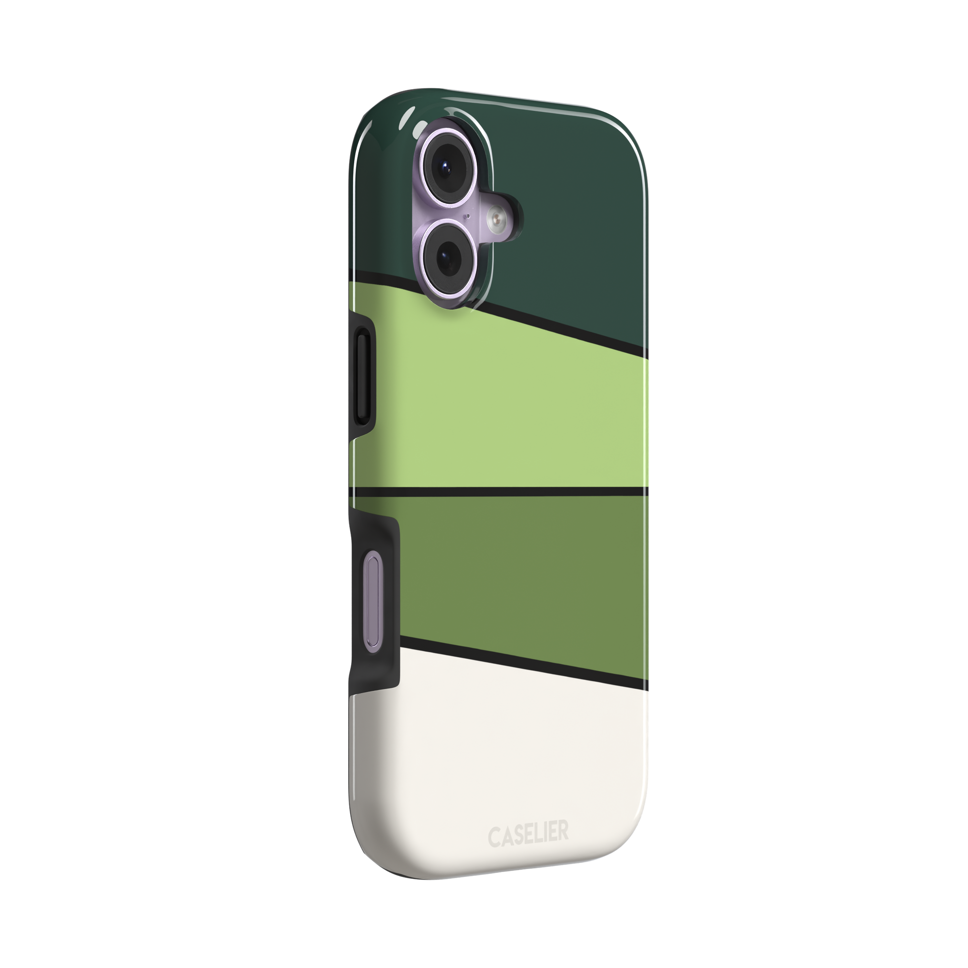 Tectonic Plates phone case variant in forest green, light green, olive and off-white diagonal color blocks with black dividing lines, phone case by Caselier — tough case, left view