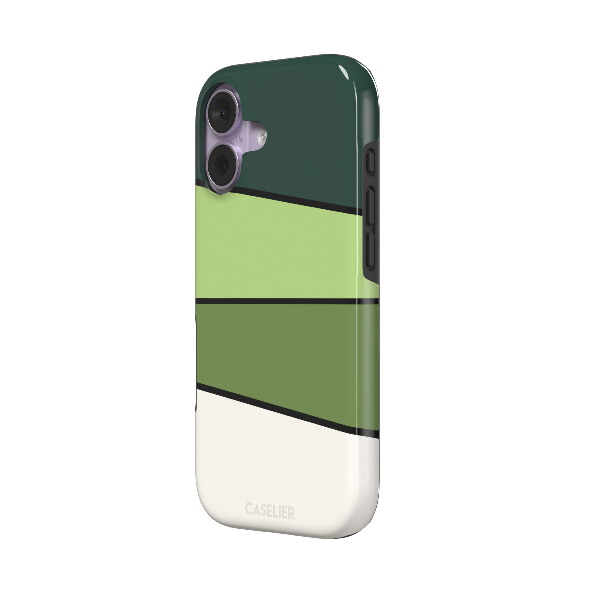 Tectonic Plates phone case variant in forest green, light green, olive and off-white diagonal color blocks with black dividing lines, phone case by Caselier — tough case, right view