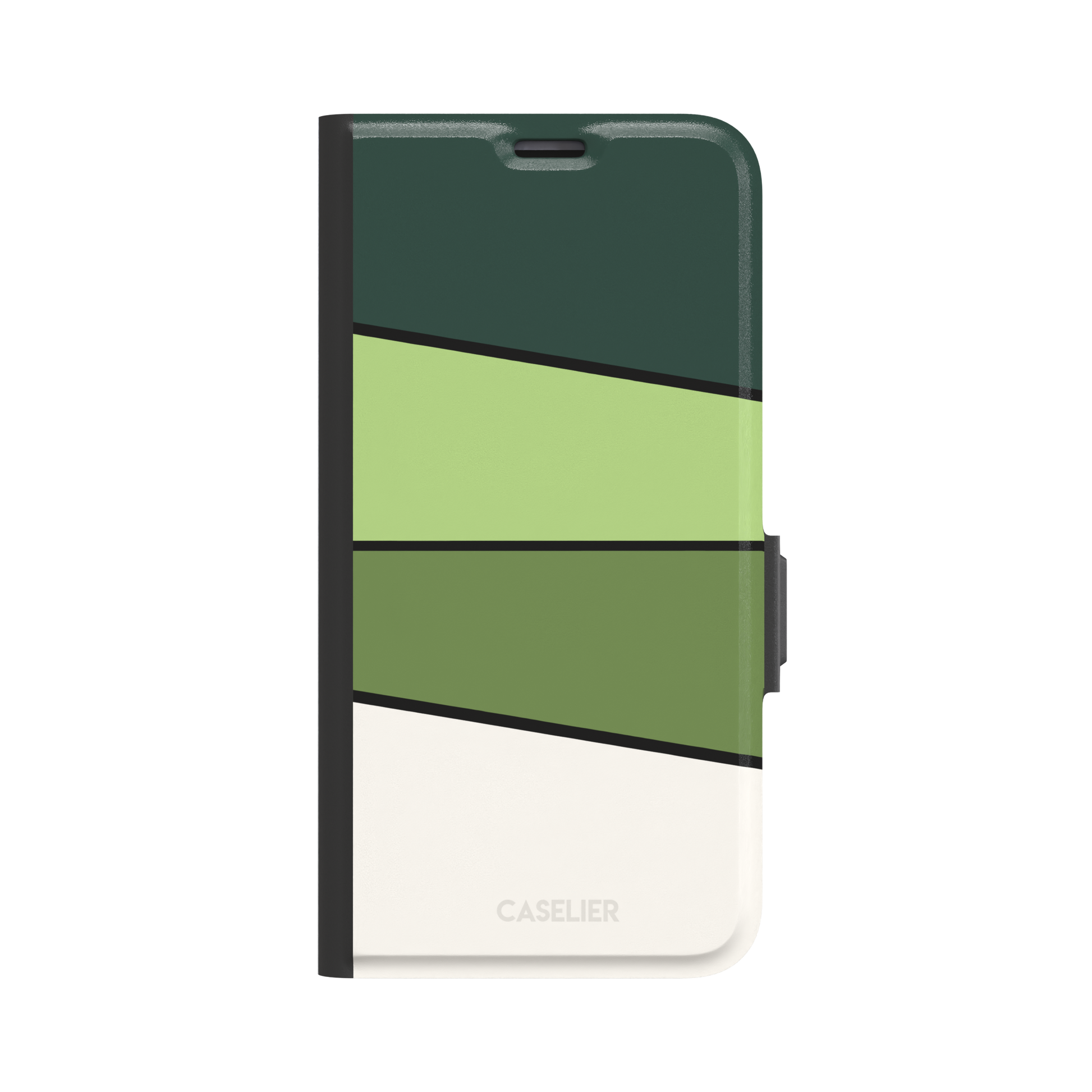 Tectonic Plates phone case variant in forest green, light green, olive and off-white diagonal color blocks with black dividing lines, phone case by Caselier — wallet case, front view
