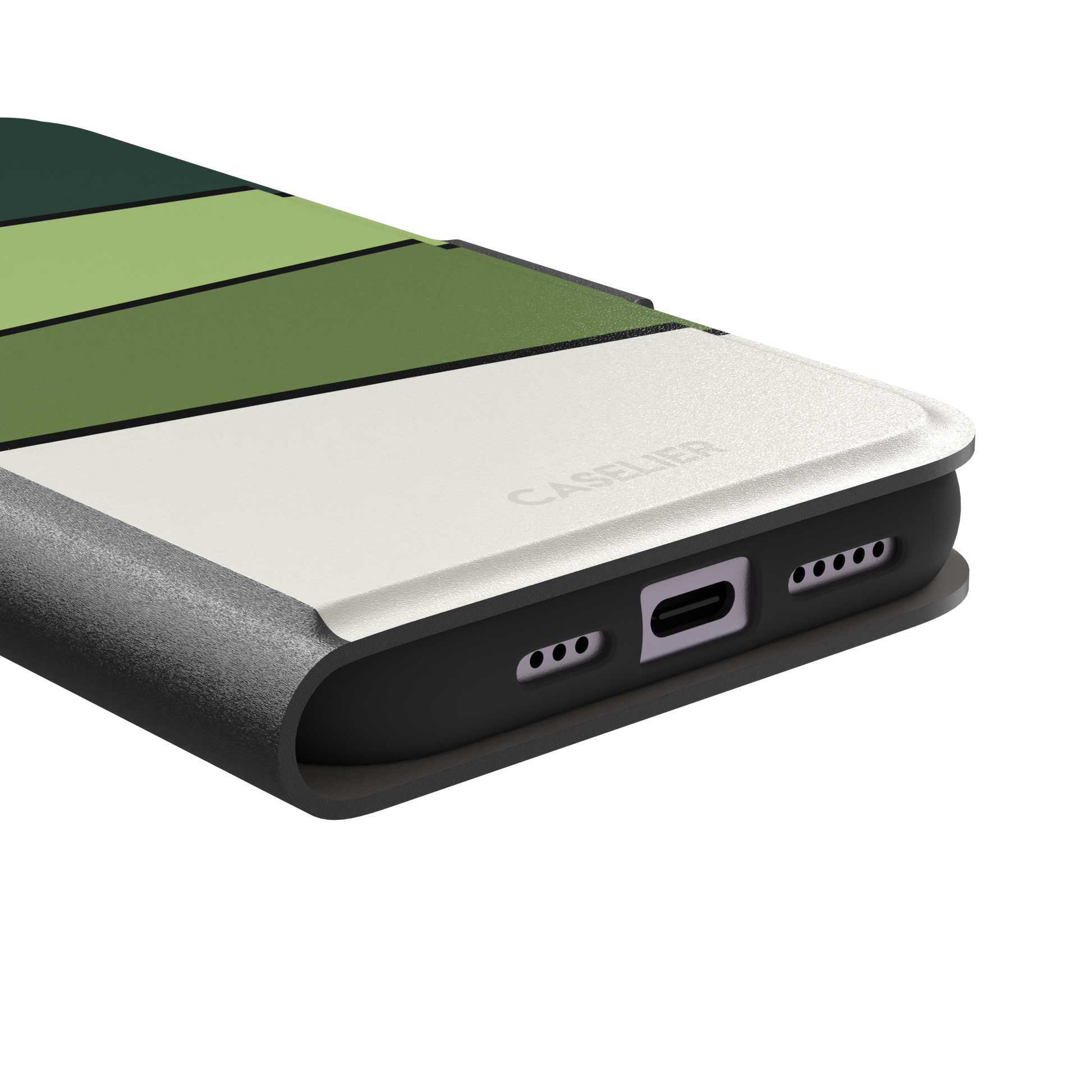 Tectonic Plates phone case variant in forest green, light green, olive and off-white diagonal color blocks with black dividing lines, phone case by Caselier — wallet case, charging port detail