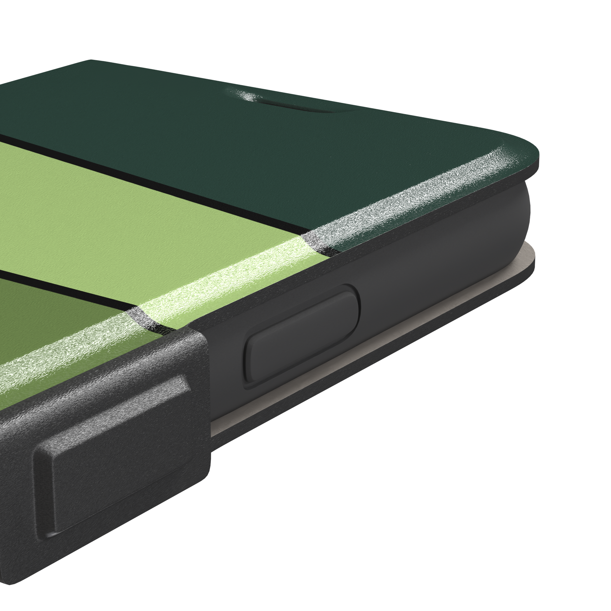 Tectonic Plates phone case variant in forest green, light green, olive and off-white diagonal color blocks with black dividing lines, phone case by Caselier — wallet case, volume buttons detail