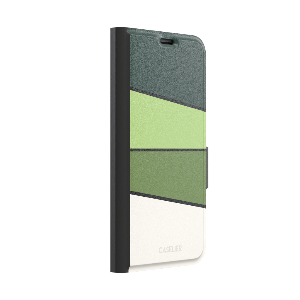 Tectonic Plates phone case variant in forest green, light green, olive and off-white diagonal color blocks with black dividing lines, phone case by Caselier — wallet case, left view