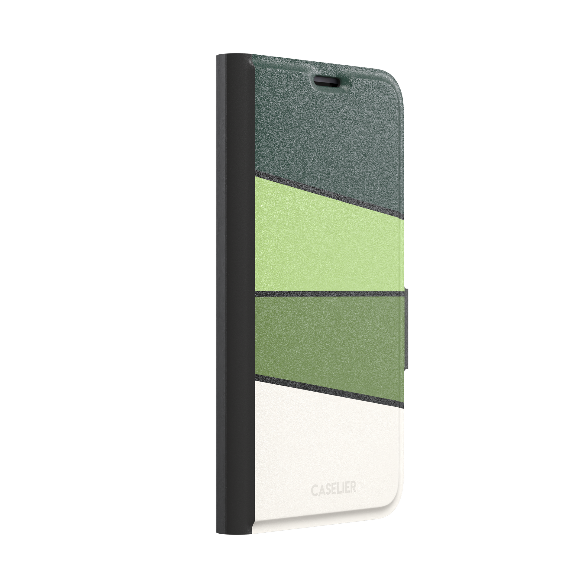 Tectonic Plates phone case variant in forest green, light green, olive and off-white diagonal color blocks with black dividing lines, phone case by Caselier — wallet case, left view