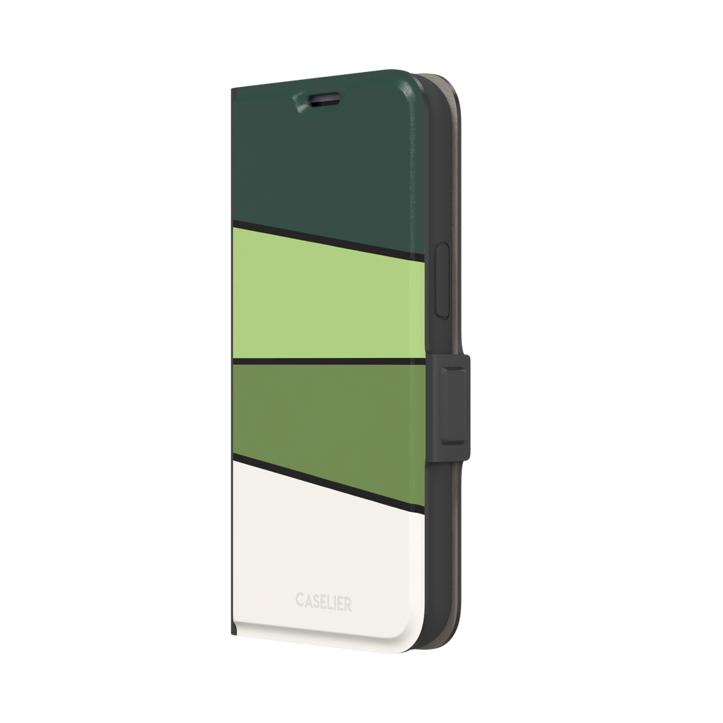 Tectonic Plates phone case variant in forest green, light green, olive and off-white diagonal color blocks with black dividing lines, phone case by Caselier — wallet case, right view