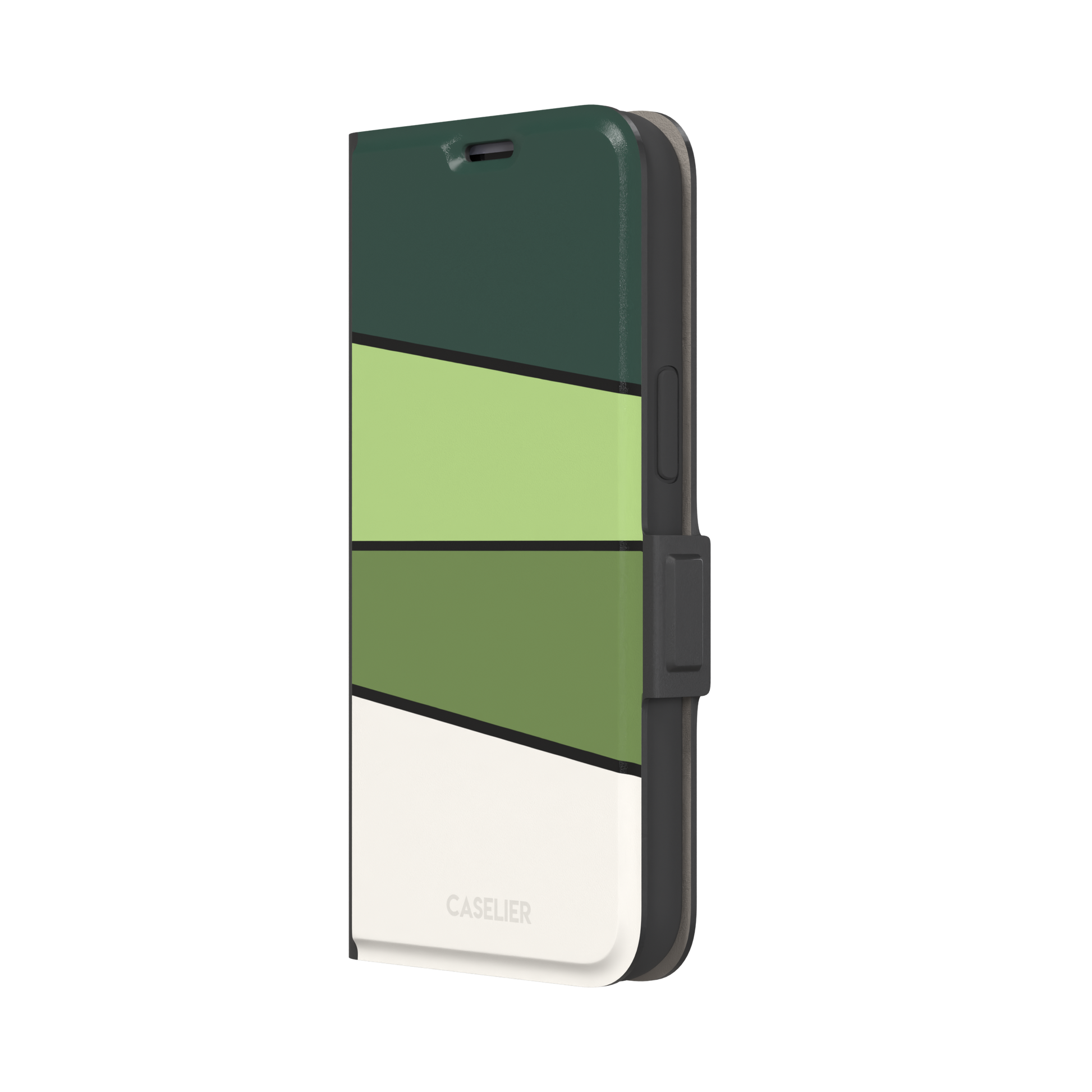Tectonic Plates phone case variant in forest green, light green, olive and off-white diagonal color blocks with black dividing lines, phone case by Caselier — wallet case, right view