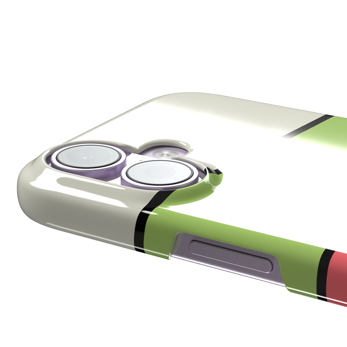 Tectonic Plates, angled cream, green, coral and brown colour block stripes, snap case, volume buttons detail, phone case by Caselier