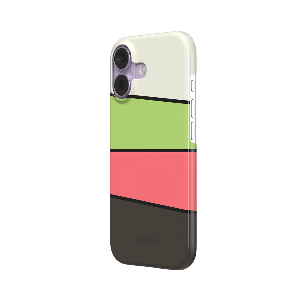 Tectonic Plates, angled cream, green, coral and brown colour block stripes, snap case, right view, phone case by Caselier