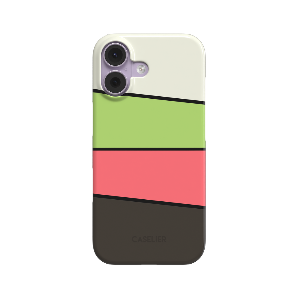 Tectonic Plates Salad phone case with diagonal colour blocks in cream white, lime green, and coral pink above a dark charcoal base separated by thin black lines, phone case by Caselier - snap case, front view | Caselier