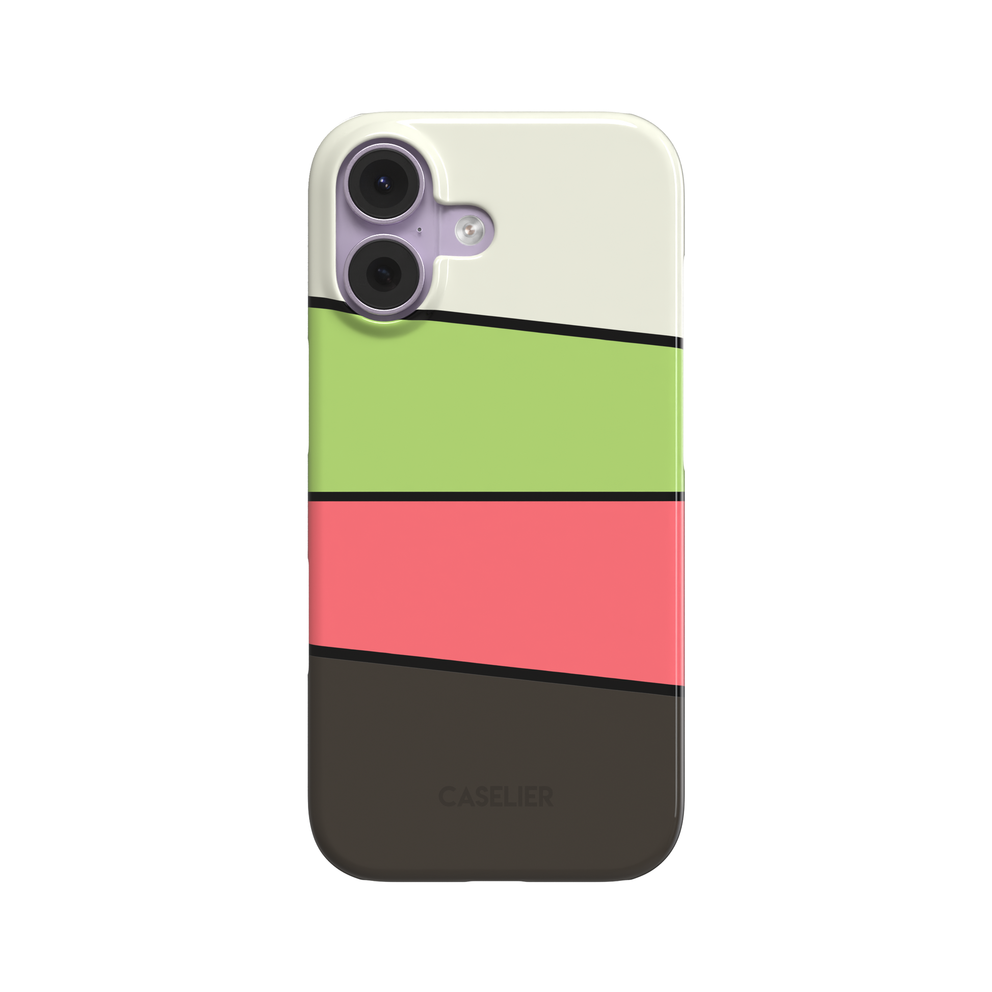 Tectonic Plates Salad phone case with diagonal colour blocks in cream white, lime green, and coral pink above a dark charcoal base separated by thin black lines, phone case by Caselier - snap case, front view | Caselier