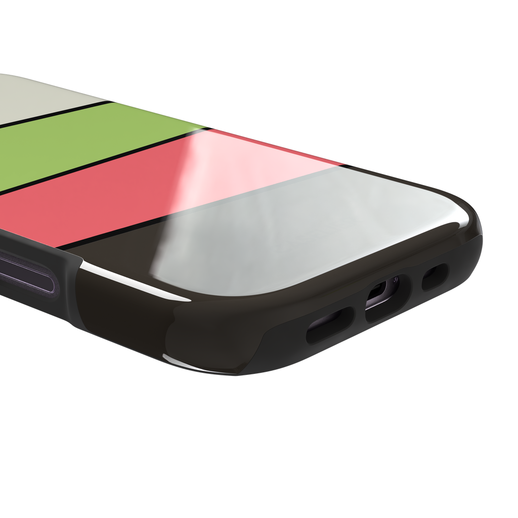 Tectonic Plates, angled cream, green, coral and brown colour block stripes, tough case, charging port detail, phone case by Caselier
