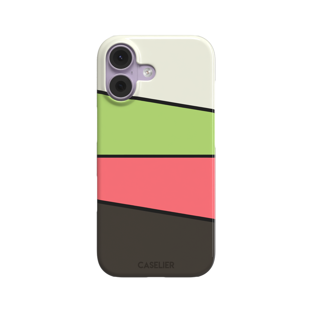 Tectonic Plates phone case in cream, lime green, coral and dark brown diagonal color blocks with black dividing lines, phone case by Caselier — snap case, front view