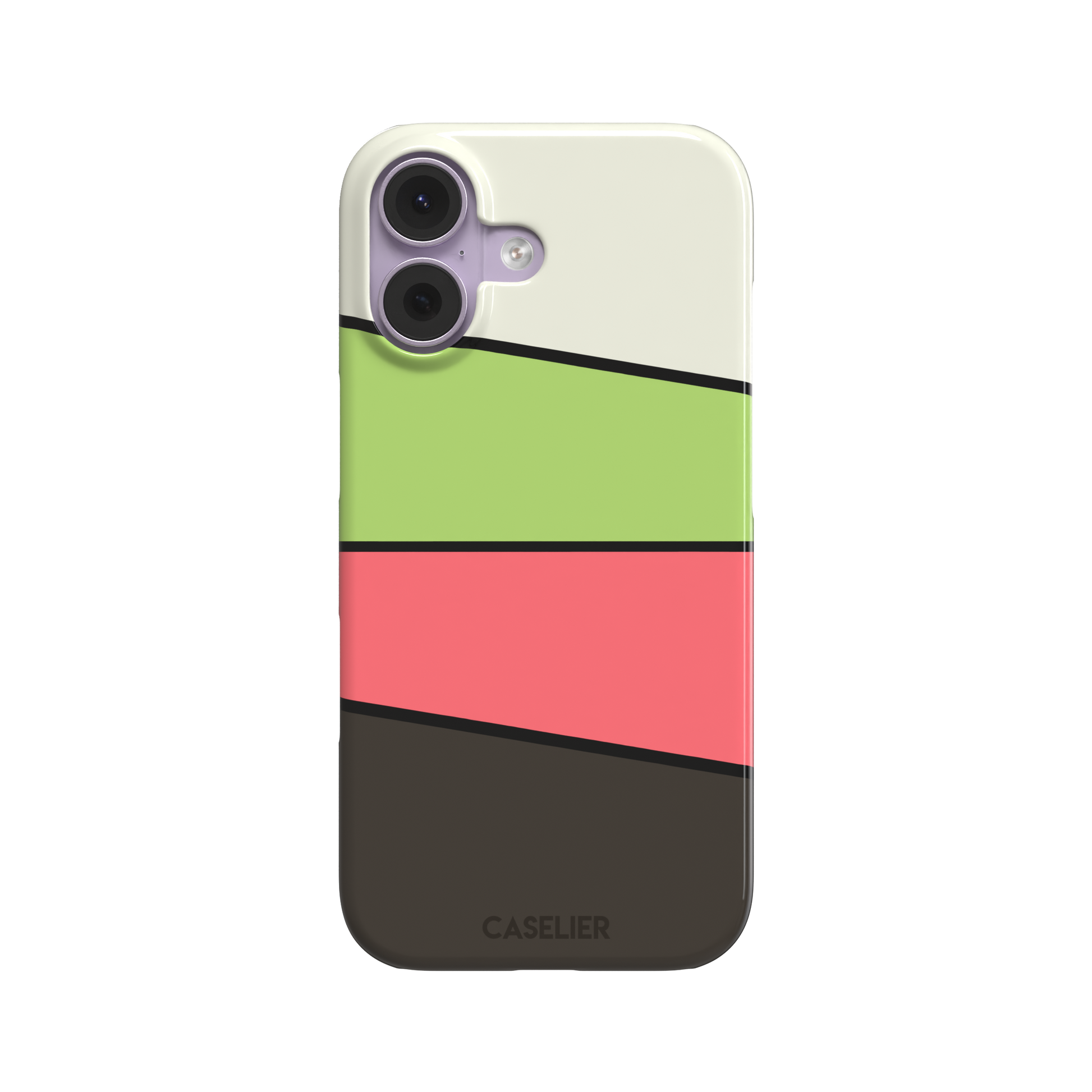 Tectonic Plates phone case in cream, lime green, coral and dark brown diagonal color blocks with black dividing lines, phone case by Caselier — snap case, front view