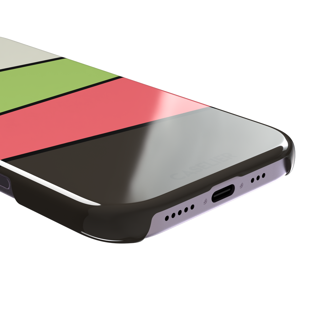 Tectonic Plates phone case in cream, lime green, coral and dark brown diagonal color blocks with black dividing lines, phone case by Caselier — snap case, charging port detail