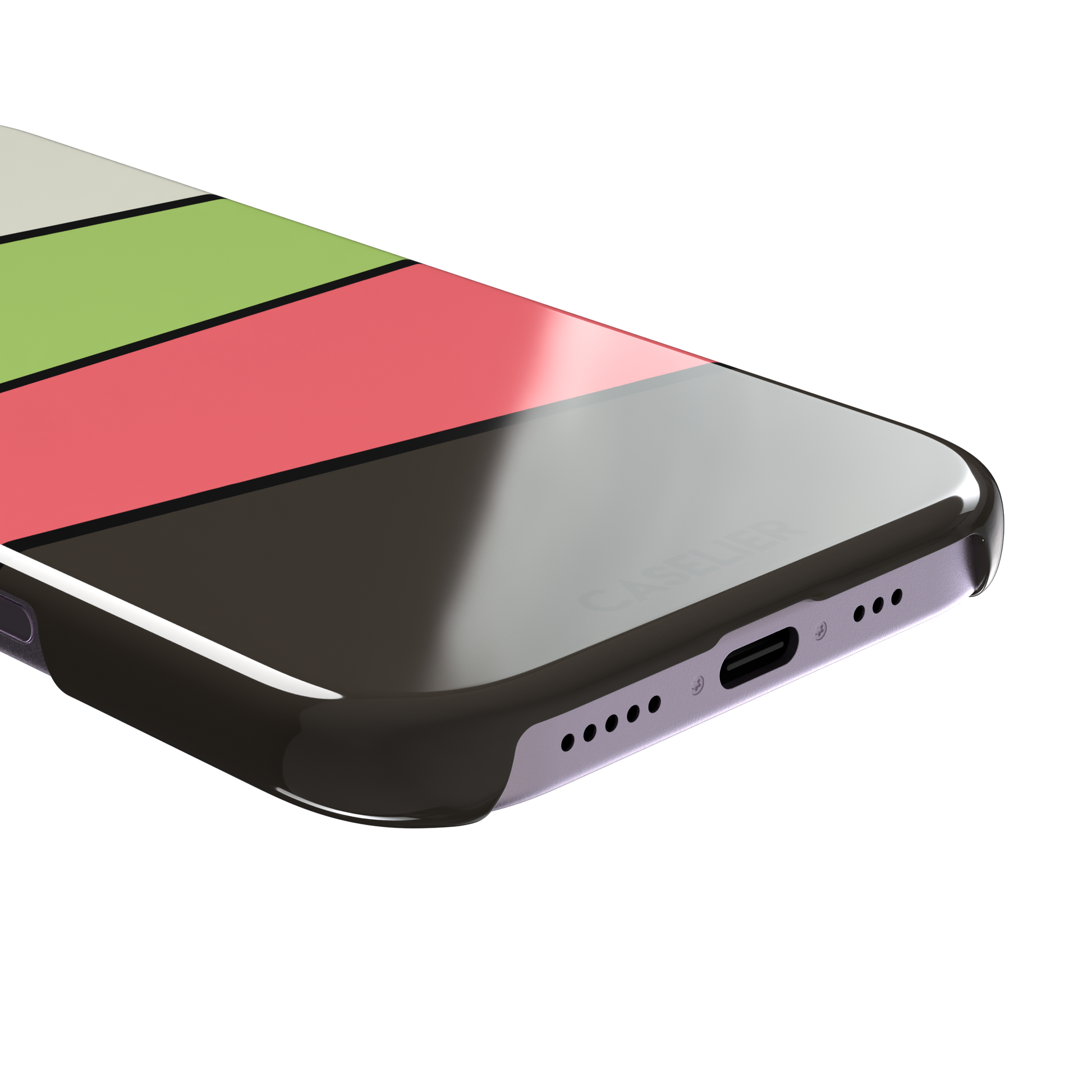Tectonic Plates phone case in cream, lime green, coral and dark brown diagonal color blocks with black dividing lines, phone case by Caselier — snap case, charging port detail