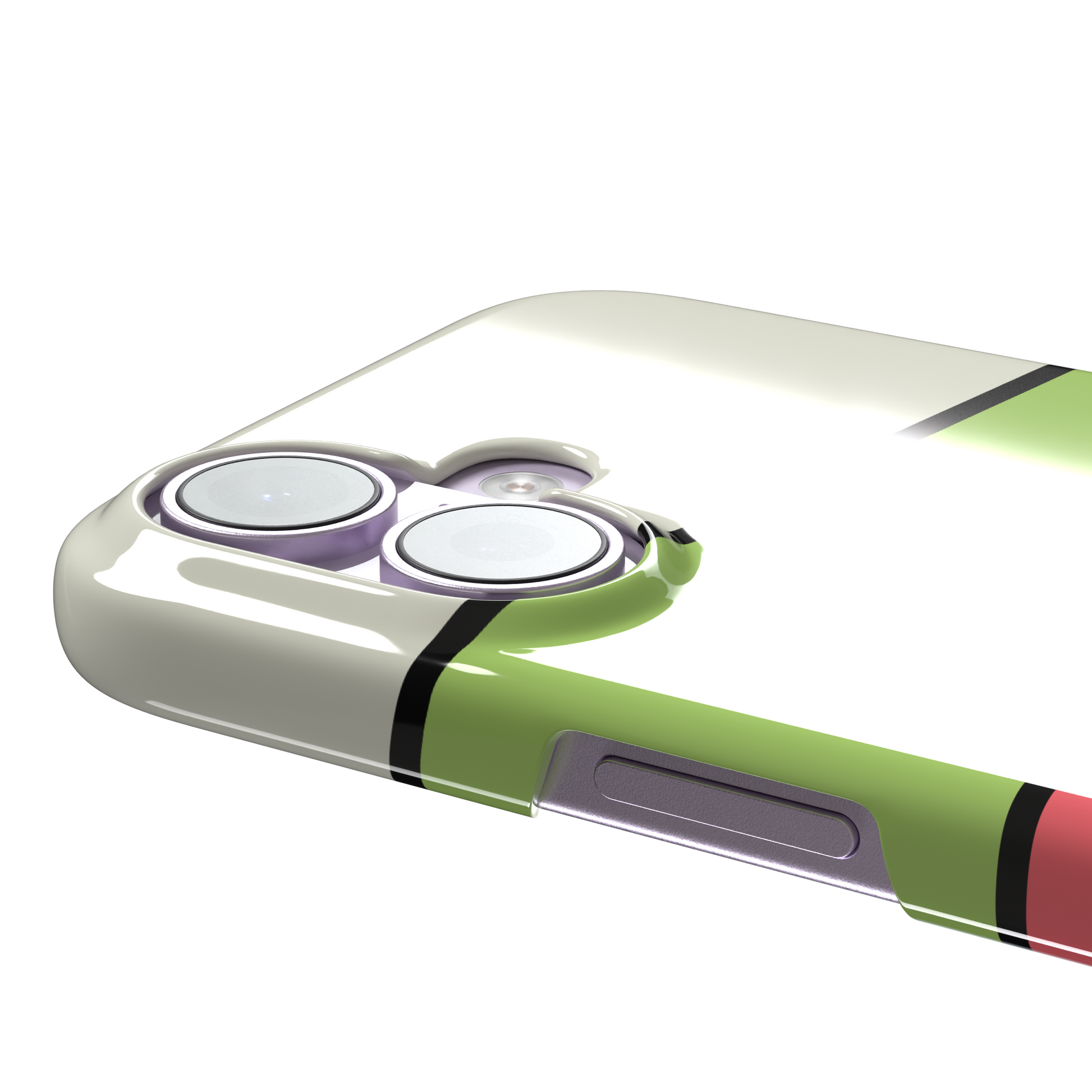 Tectonic Plates phone case in cream, lime green, coral and dark brown diagonal color blocks with black dividing lines, phone case by Caselier — snap case, volume buttons detail