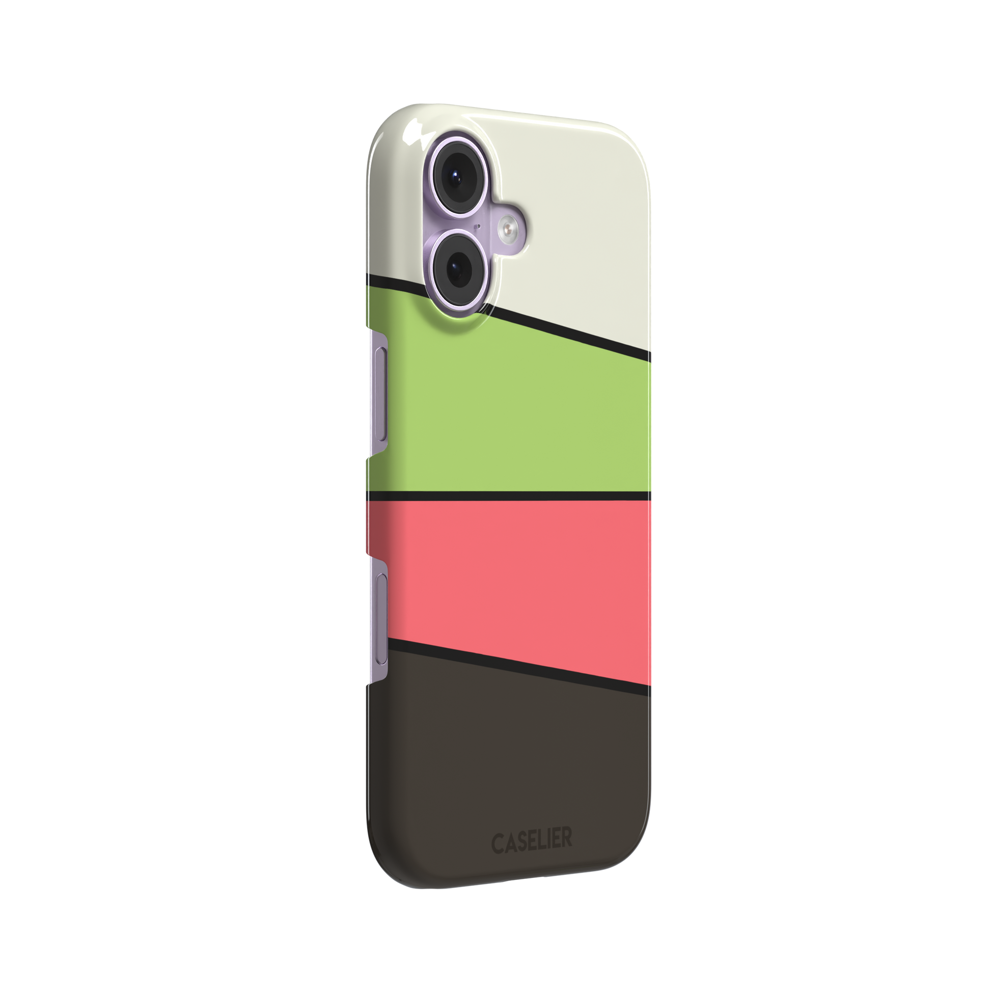 Tectonic Plates phone case in cream, lime green, coral and dark brown diagonal color blocks with black dividing lines, phone case by Caselier — snap case, left view