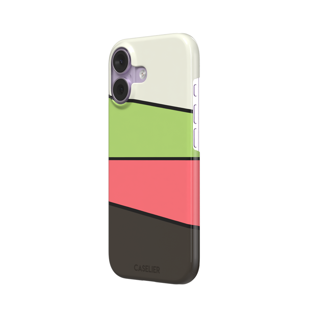 Tectonic Plates phone case in cream, lime green, coral and dark brown diagonal color blocks with black dividing lines, phone case by Caselier — snap case, right view