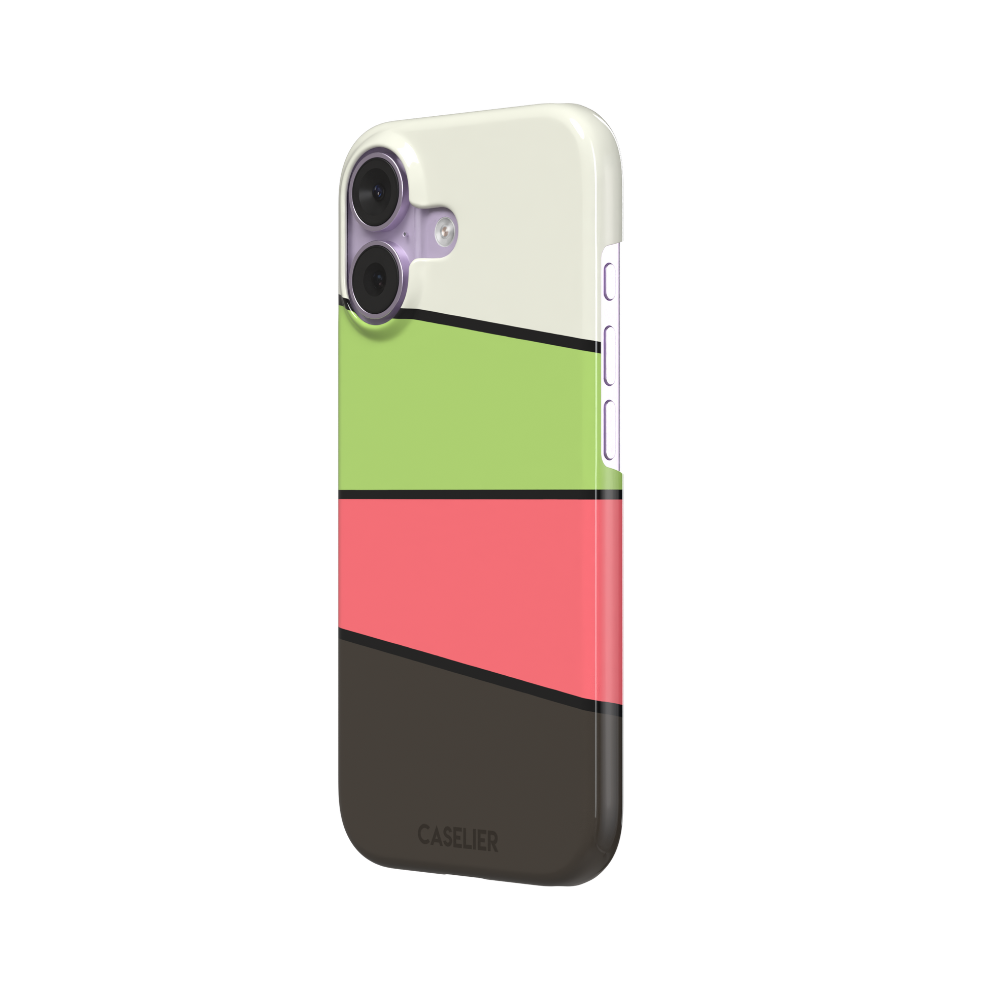Tectonic Plates phone case in cream, lime green, coral and dark brown diagonal color blocks with black dividing lines, phone case by Caselier — snap case, right view