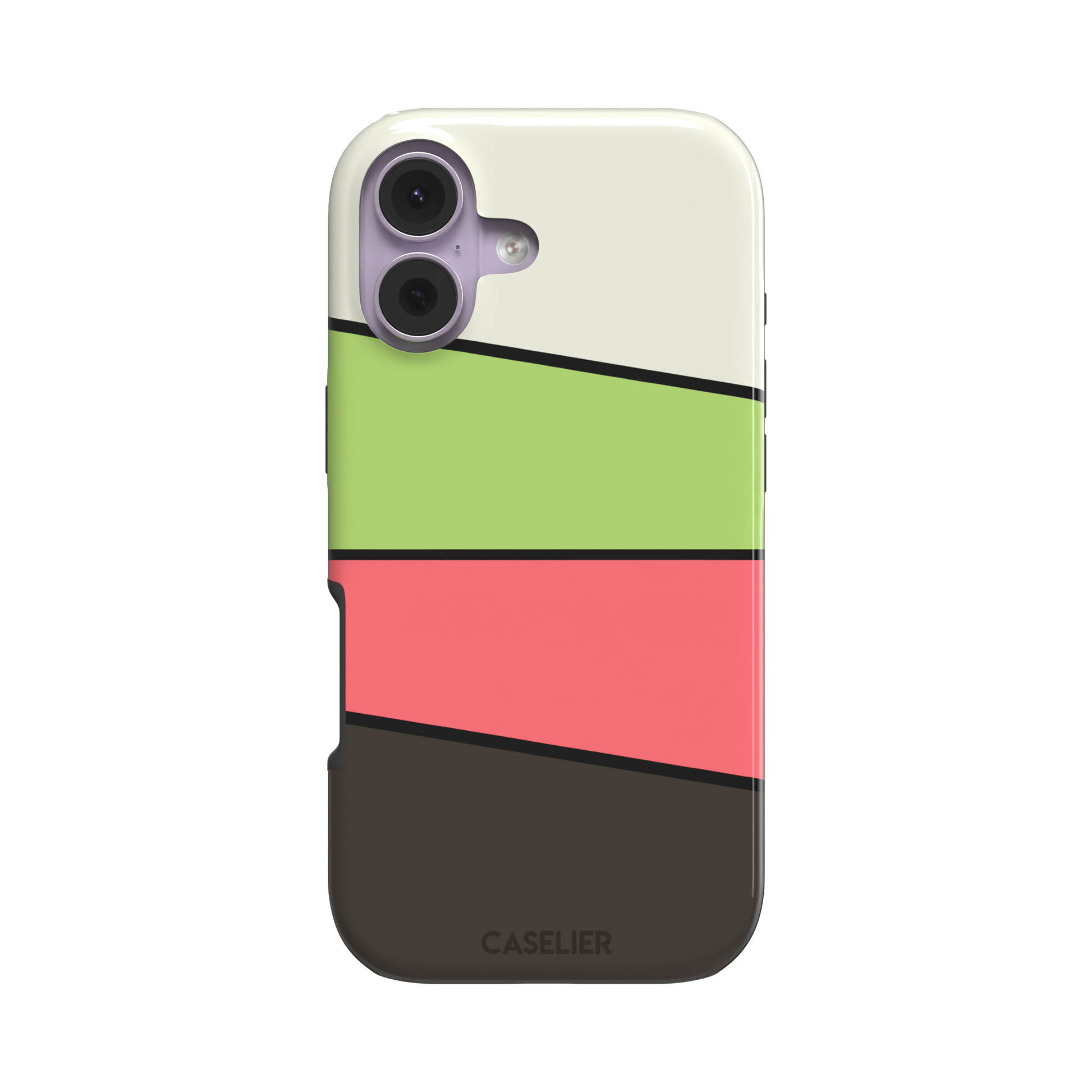 Tectonic Plates phone case in cream, lime green, coral and dark brown diagonal color blocks with black dividing lines, phone case by Caselier — tough case, front view
