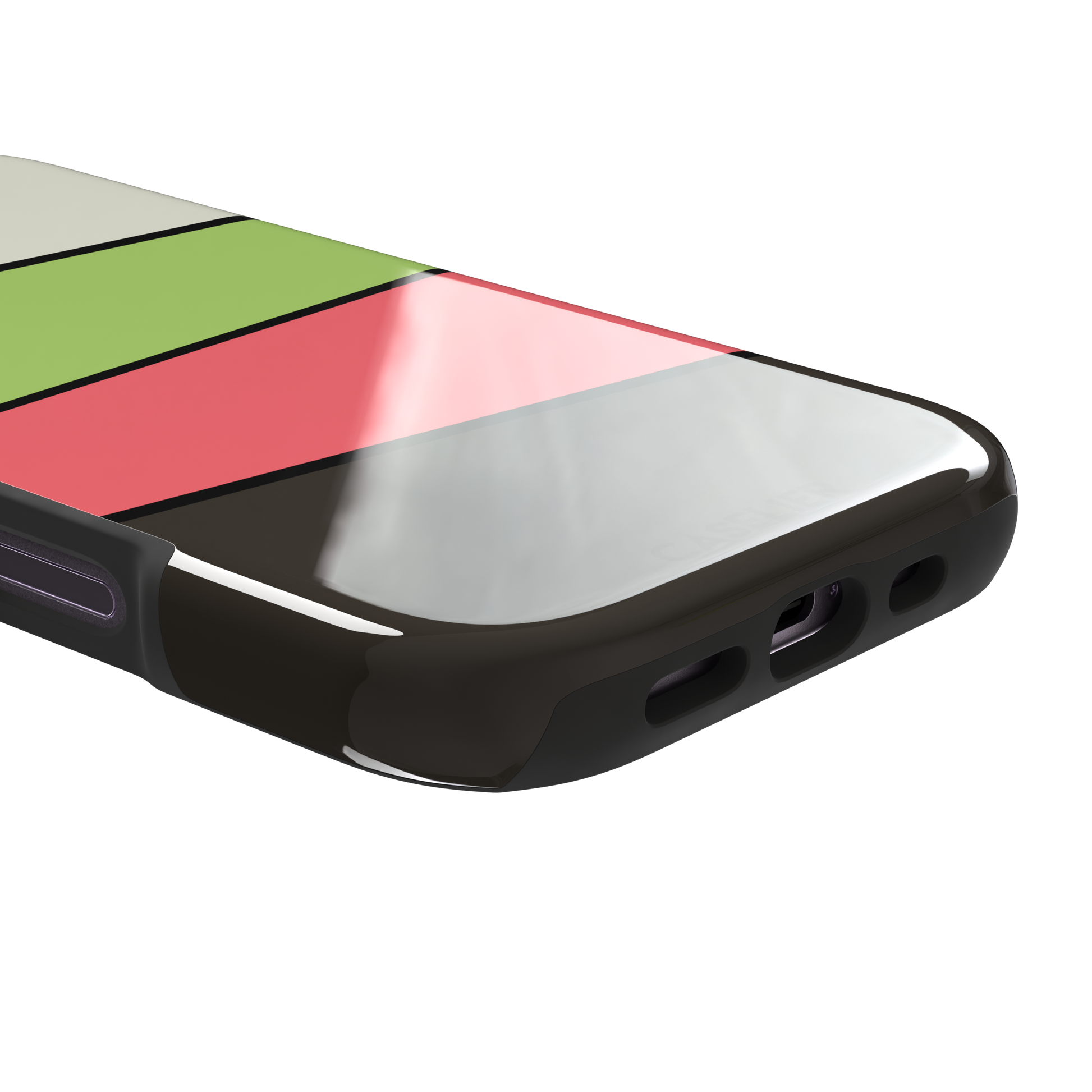 Tectonic Plates phone case in cream, lime green, coral and dark brown diagonal color blocks with black dividing lines, phone case by Caselier — tough case, charging port detail