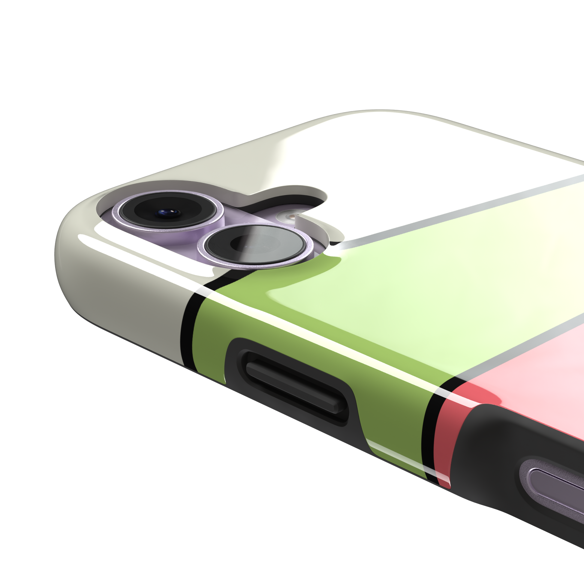 Tectonic Plates phone case in cream, lime green, coral and dark brown diagonal color blocks with black dividing lines, phone case by Caselier — tough case, volume buttons detail