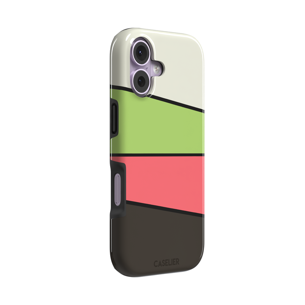 Tectonic Plates phone case in cream, lime green, coral and dark brown diagonal color blocks with black dividing lines, phone case by Caselier — tough case, left view