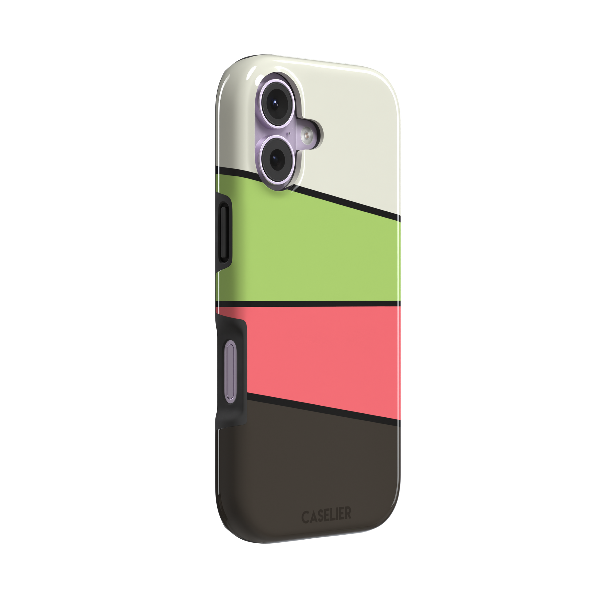 Tectonic Plates phone case in cream, lime green, coral and dark brown diagonal color blocks with black dividing lines, phone case by Caselier — tough case, left view