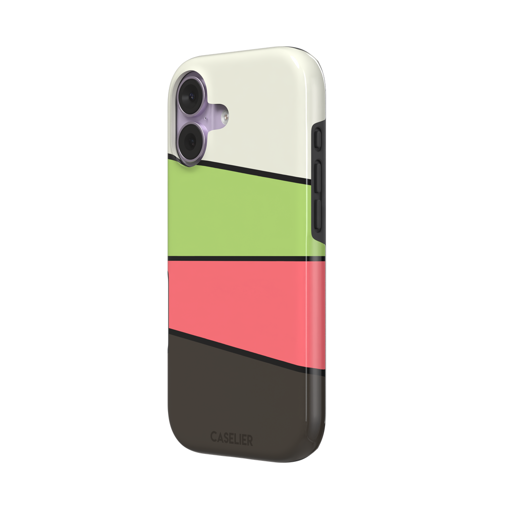 Tectonic Plates phone case in cream, lime green, coral and dark brown diagonal color blocks with black dividing lines, phone case by Caselier — tough case, right view