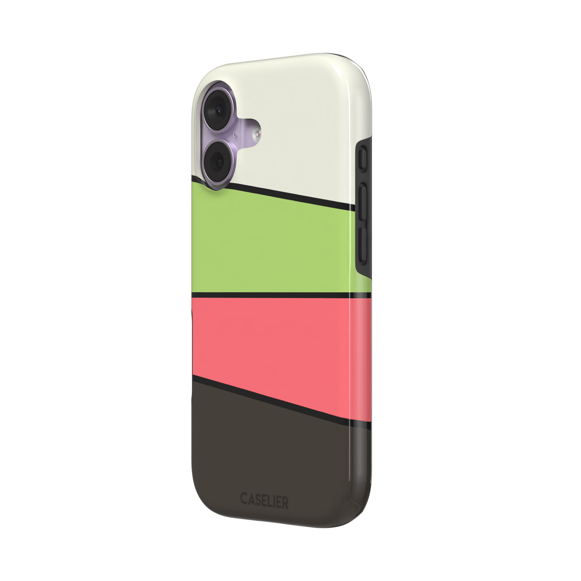 Tectonic Plates phone case in cream, lime green, coral and dark brown diagonal color blocks with black dividing lines, phone case by Caselier — tough case, right view