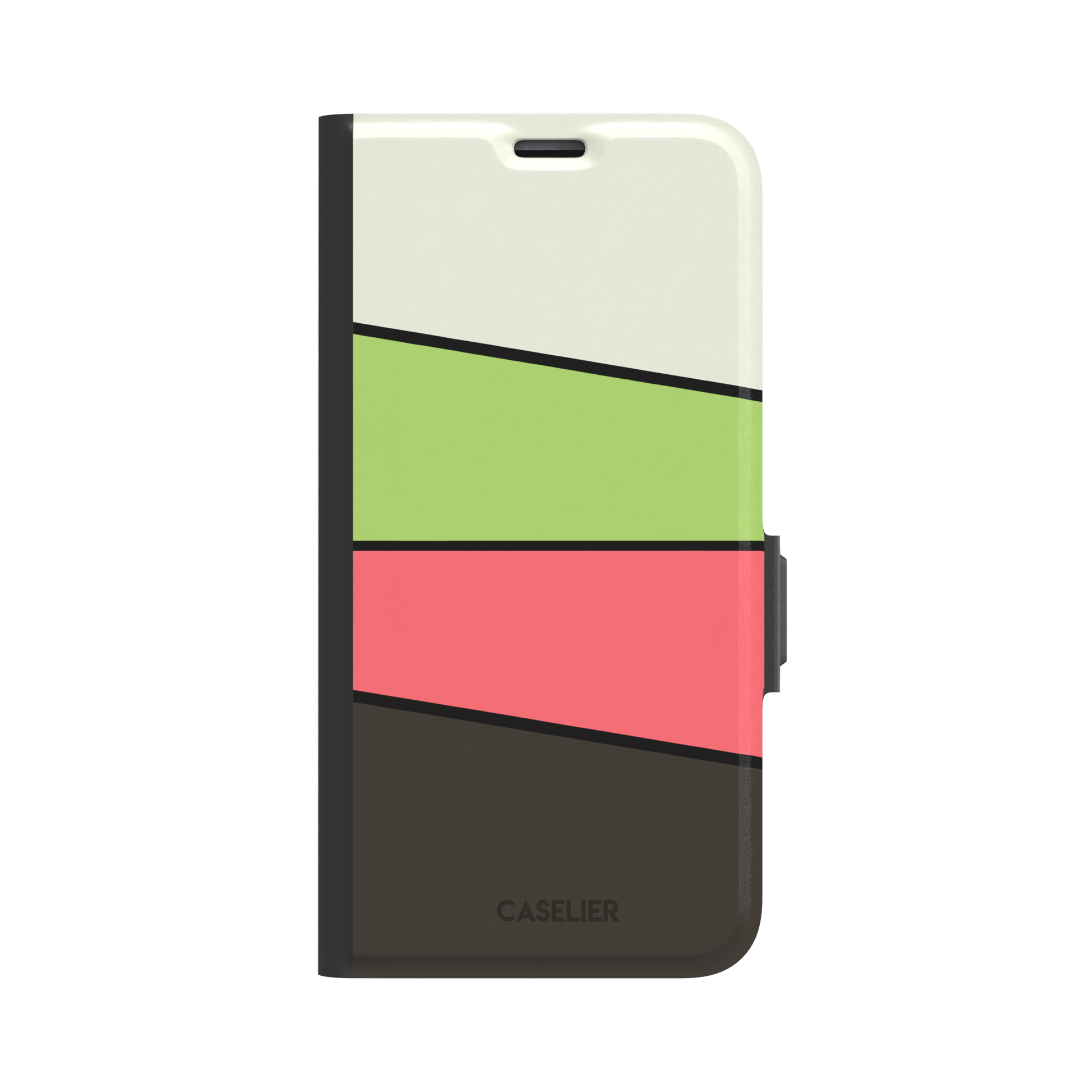 Tectonic Plates phone case in cream, lime green, coral and dark brown diagonal color blocks with black dividing lines, phone case by Caselier — wallet case, front view