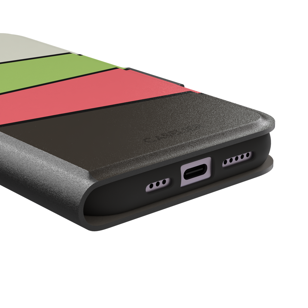 Tectonic Plates phone case in cream, lime green, coral and dark brown diagonal color blocks with black dividing lines, phone case by Caselier — wallet case, charging port detail