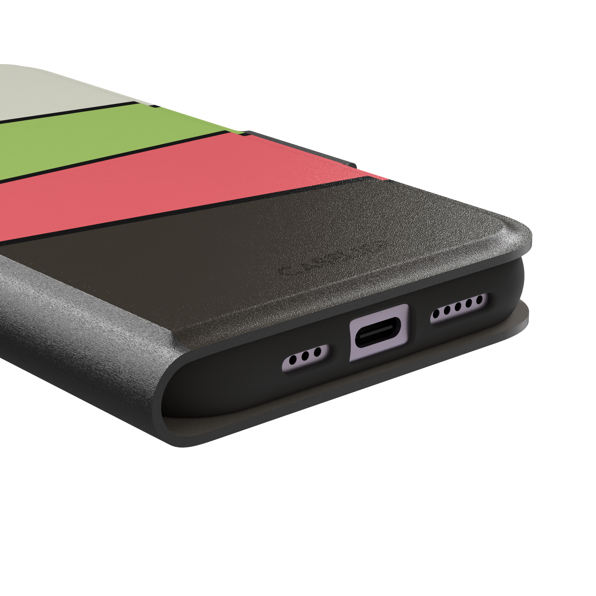 Tectonic Plates phone case in cream, lime green, coral and dark brown diagonal color blocks with black dividing lines, phone case by Caselier — wallet case, charging port detail