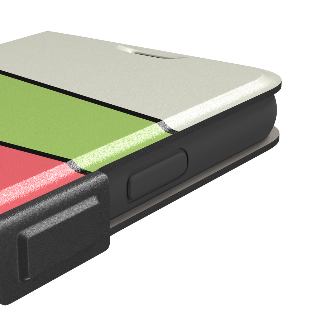 Tectonic Plates phone case in cream, lime green, coral and dark brown diagonal color blocks with black dividing lines, phone case by Caselier — wallet case, volume buttons detail