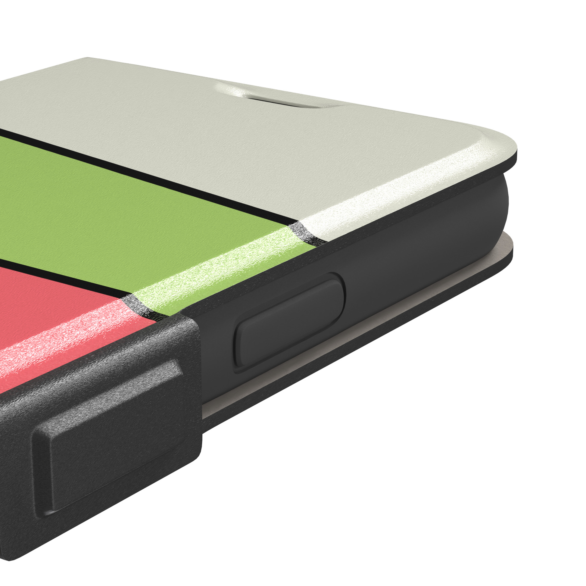 Tectonic Plates phone case in cream, lime green, coral and dark brown diagonal color blocks with black dividing lines, phone case by Caselier — wallet case, volume buttons detail