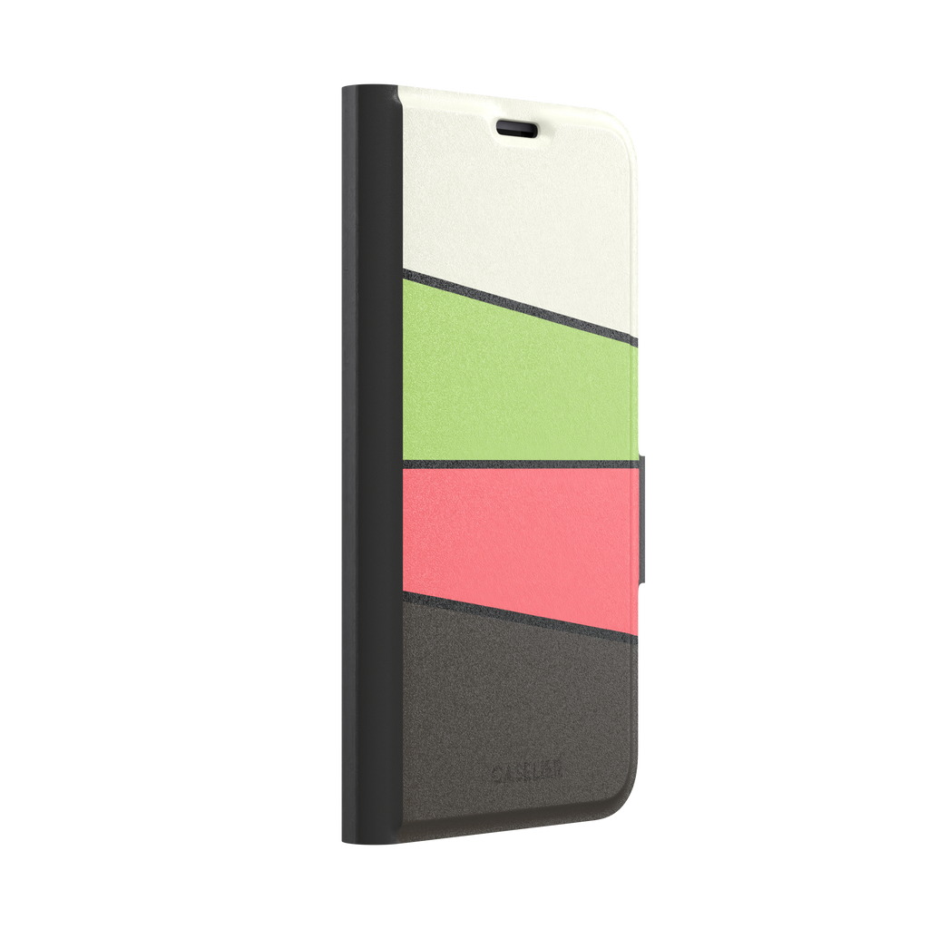 Tectonic Plates phone case in cream, lime green, coral and dark brown diagonal color blocks with black dividing lines, phone case by Caselier — wallet case, left view