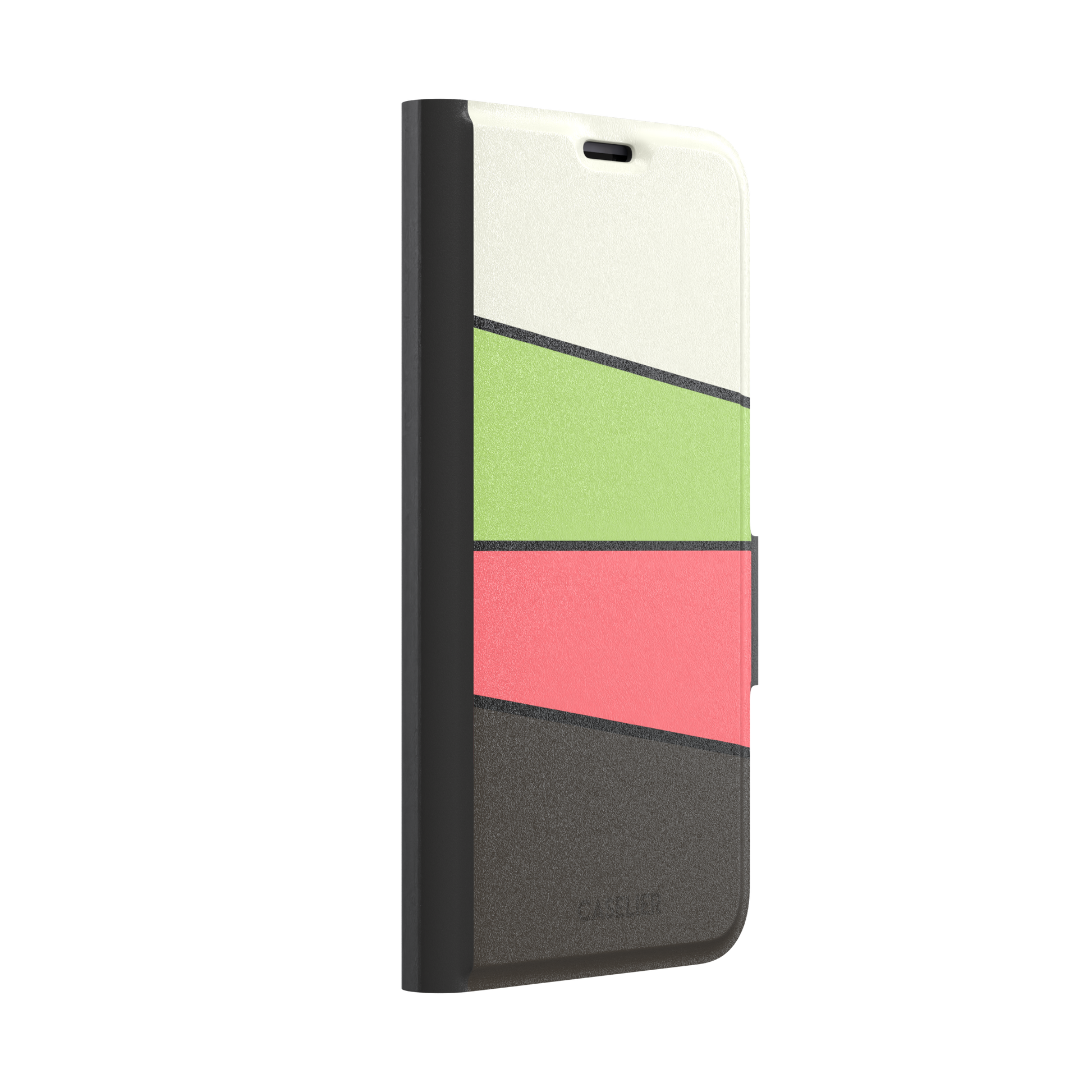 Tectonic Plates phone case in cream, lime green, coral and dark brown diagonal color blocks with black dividing lines, phone case by Caselier — wallet case, left view