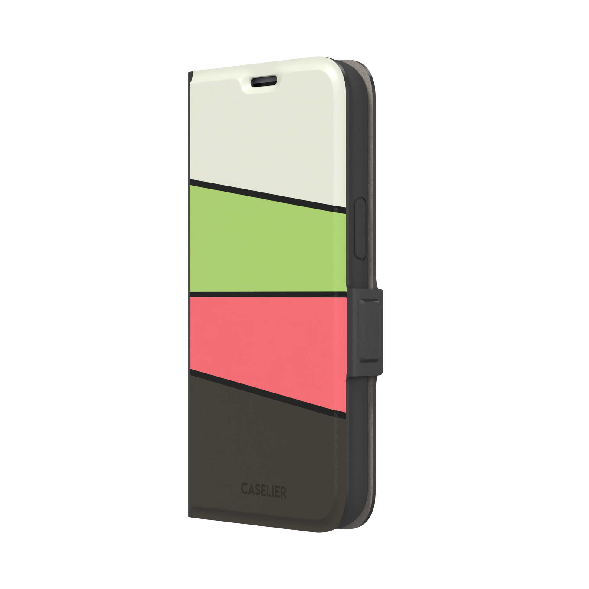 Tectonic Plates phone case in cream, lime green, coral and dark brown diagonal color blocks with black dividing lines, phone case by Caselier — wallet case, right view